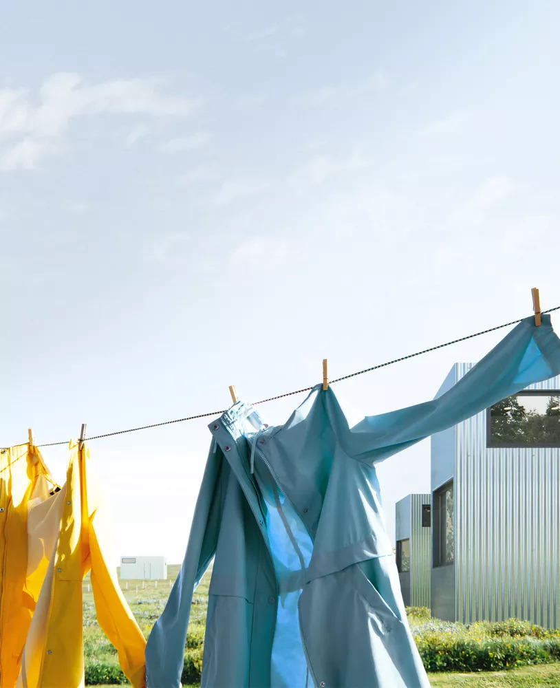 Cloths hang drying in the sun